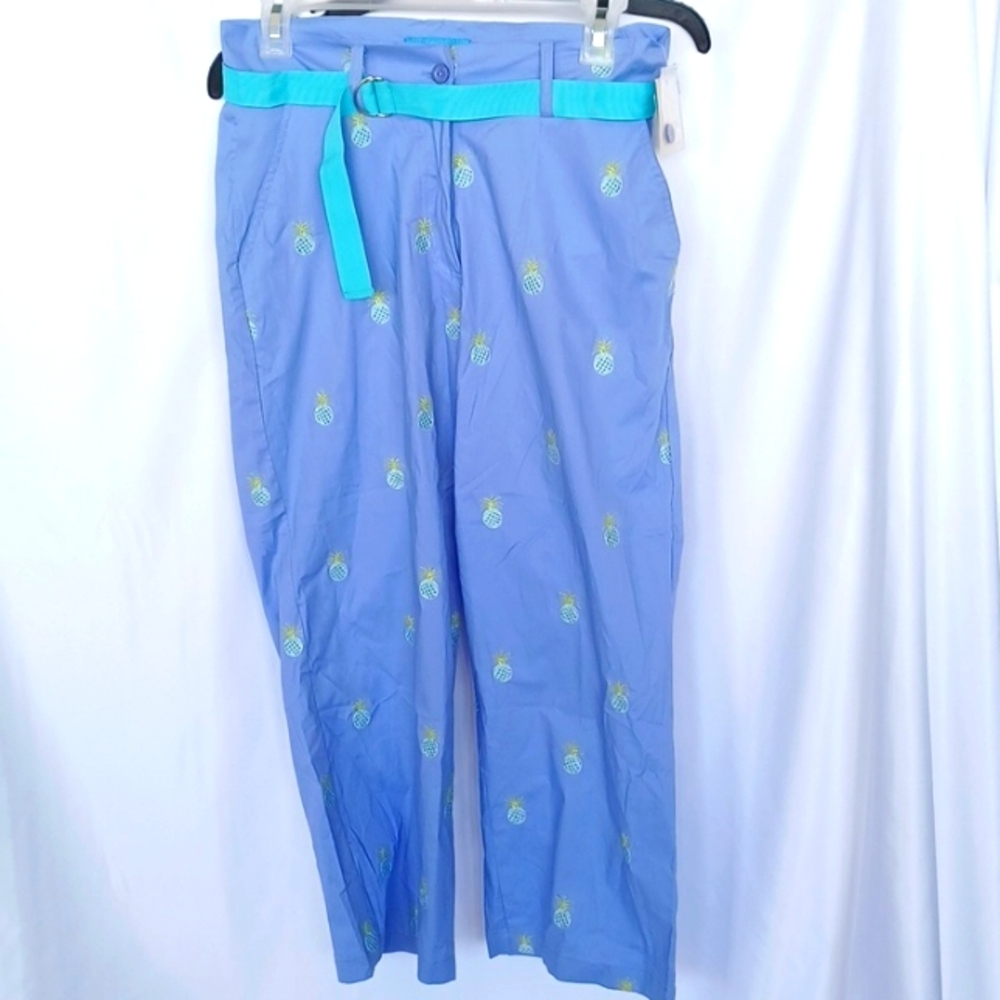 Cotton Connection blue/lilac embroidered cotton pants, sz 8 pockets, belted